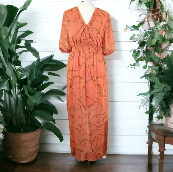 Enfocus Studio Orange V-Neck Short Sleeve Chain Print Maxi Dress Size 6 - Picture 1 of 9